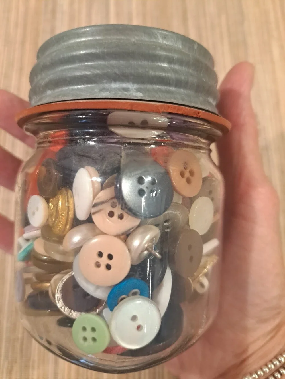 Kerr Mason Jar With Ball Zinc Lid and Seal- Full Of Vintage Buttons. Small Jar